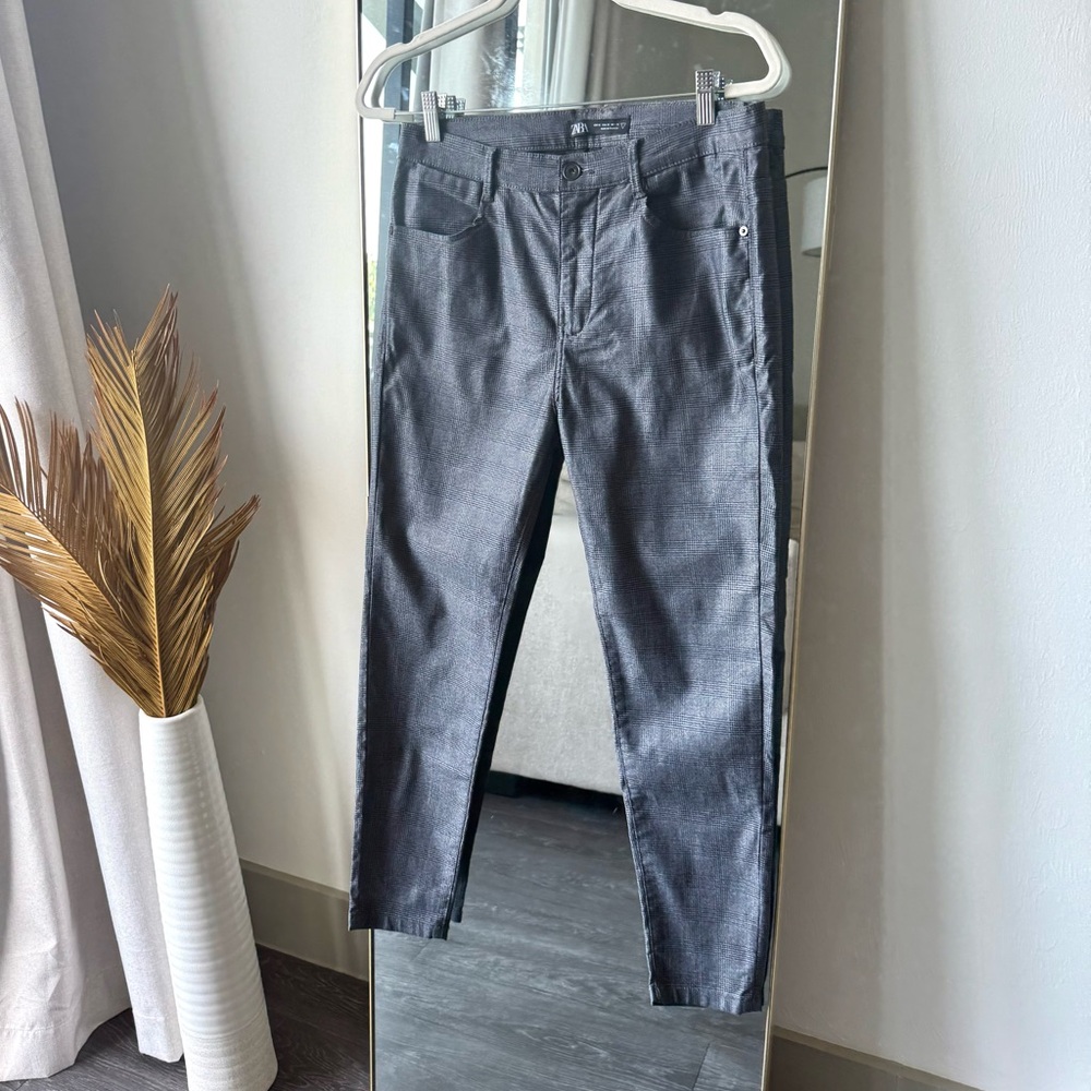 ZARA Mens Slim Fit Plaid Stretch Grey/Black Trouser Pants